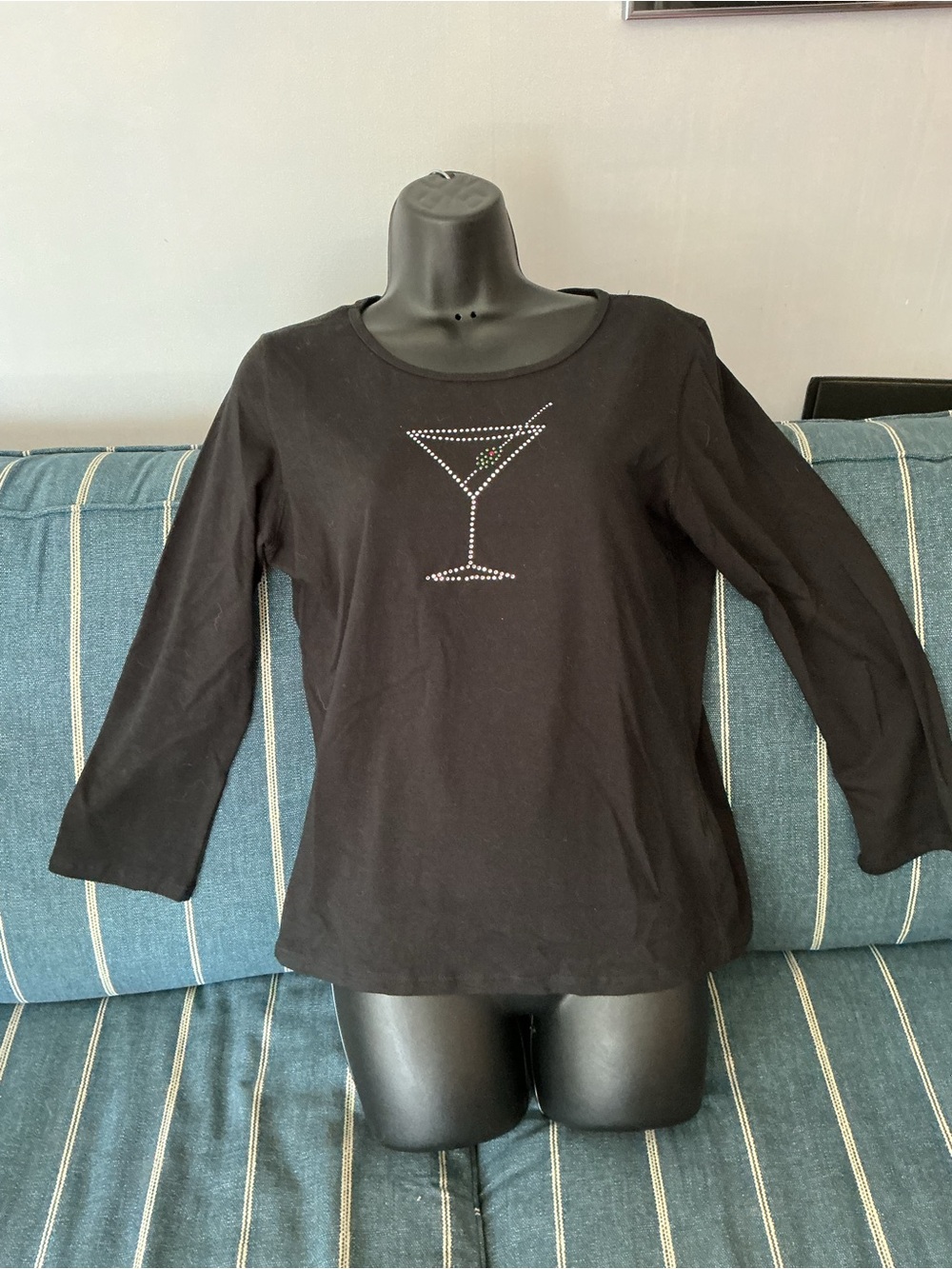 Black Long-Sleeve Tee with Rhinestone Martini Graphic